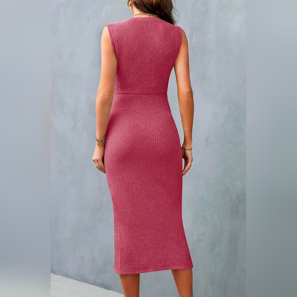 Women Sleeveless Ruched Bodycon Cocktail Party Dress Rose Pink Medium - Picture 9 of 9